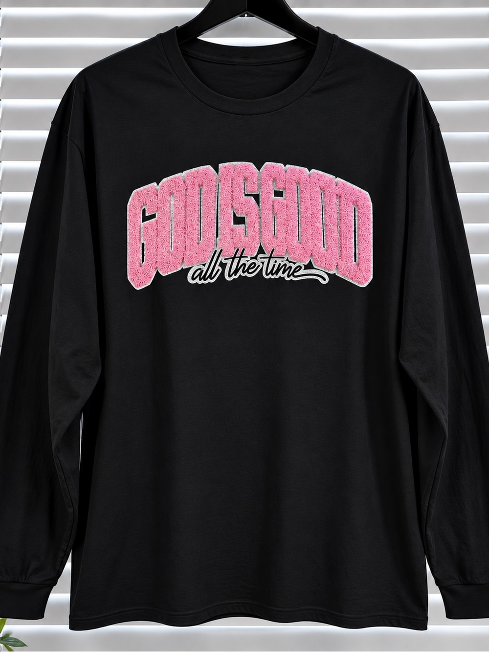 Black Long-Sleeve Graphic Tee with Pink Logo